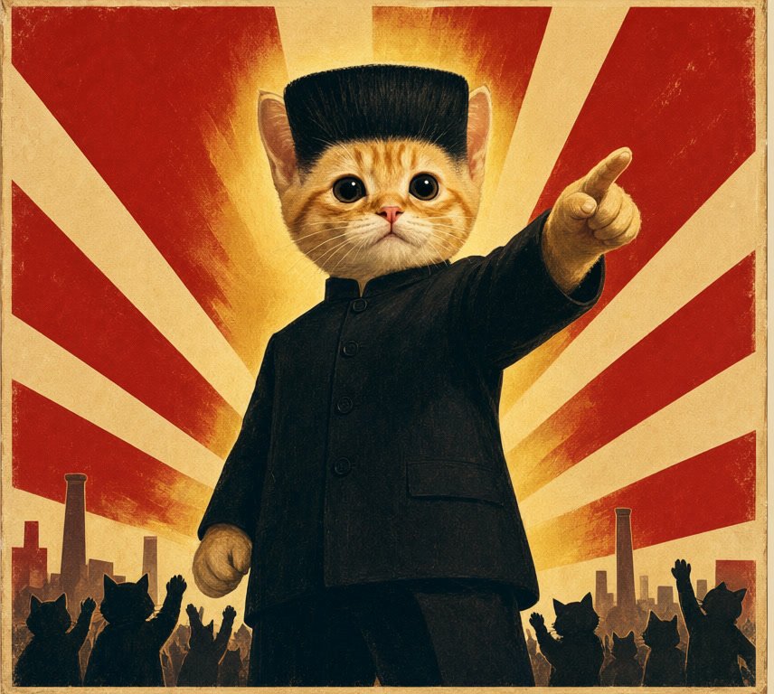Propaganda poster painting of the orange kitten with a tall flat black haircut and dark tunic, pointing to the horizon in front of red sunburst rays and a crowd of cheering cats
