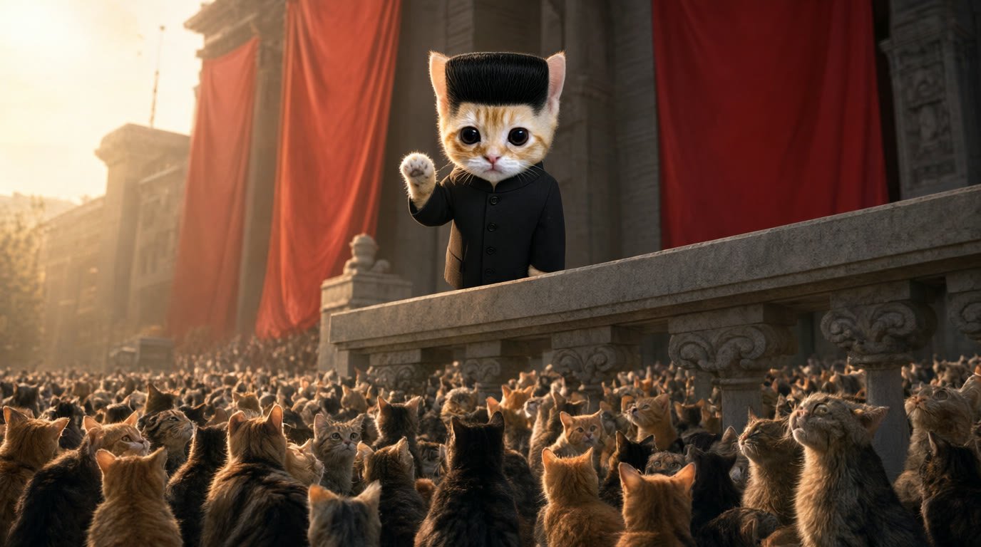 The kitten waving from a stone balcony above a huge crowd of cats, red banners on the facade