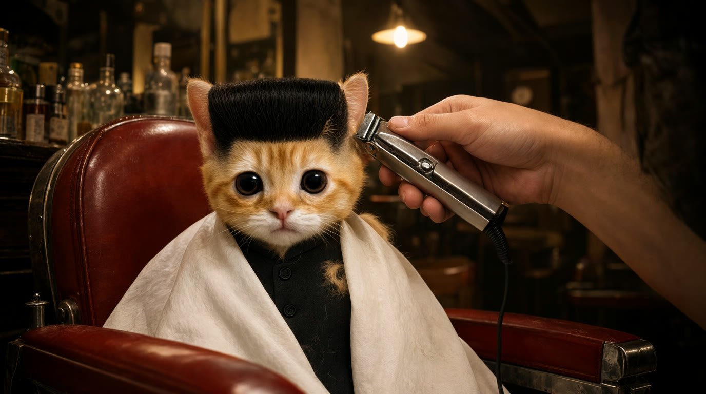 The kitten in a red barber chair with a white cape while a barber shaves the side of its head