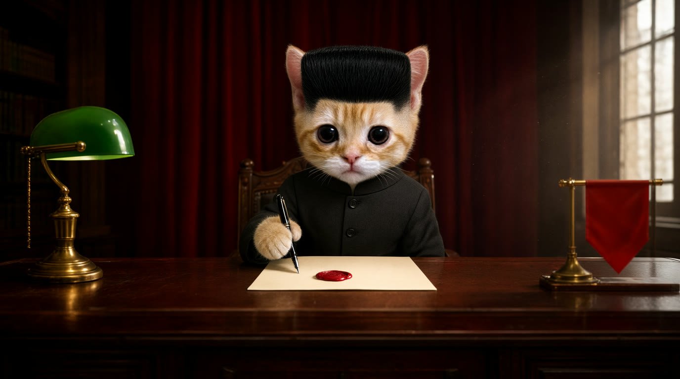 The kitten at a huge wooden desk signing a paper with a fountain pen, a red wax seal on the page